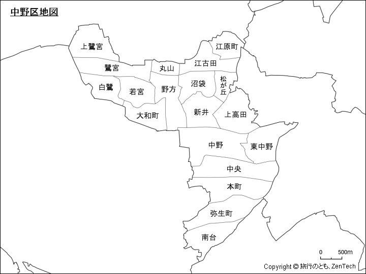 中野区地図、区内の町区分