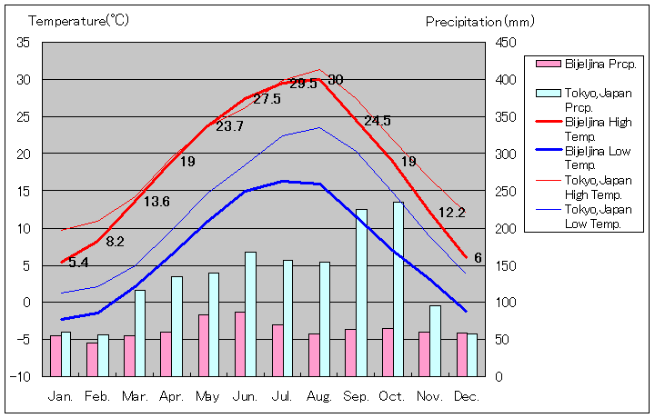 ビイェリナ気温、一年を通した月別気温グラフ