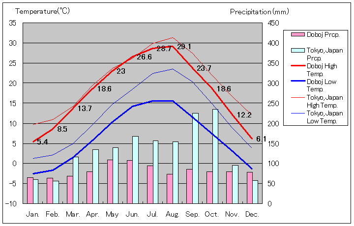 ドボイ気温、一年を通した月別気温グラフ