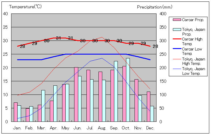 カルカル気温、一年を通した月別気温グラフ