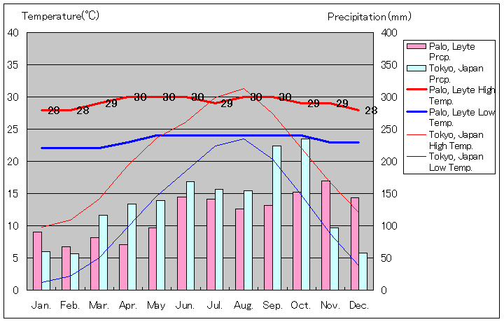 レイテ島パロ気温、一年を通した月別気温グラフ