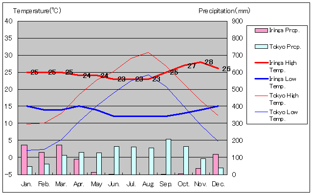 イリンガ気温、一年を通した月別気温グラフ