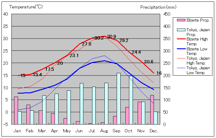 ビゼルト気温、一年を通した月別気温グラフ