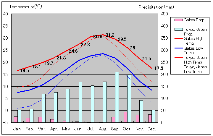 ガベズ気温、一年を通した月別気温グラフ