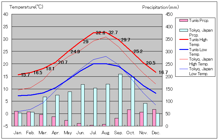 チュニス気温、一年を通した月別気温グラフ