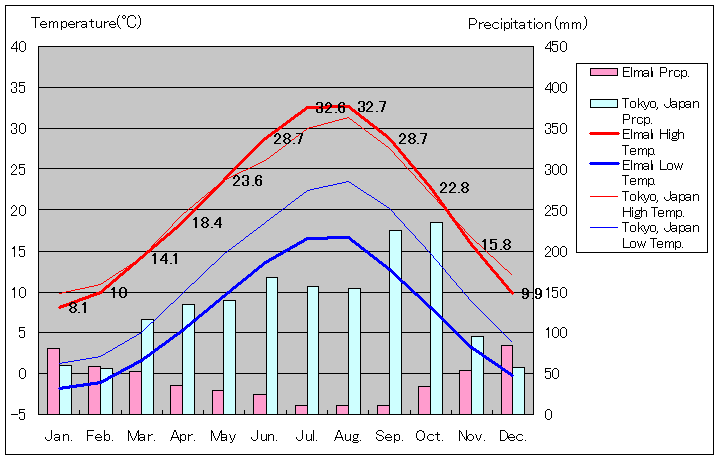 エルマル気温、一年を通した月別気温グラフ
