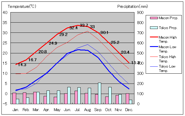 メイコン気温、一年を通した月別気温グラフ