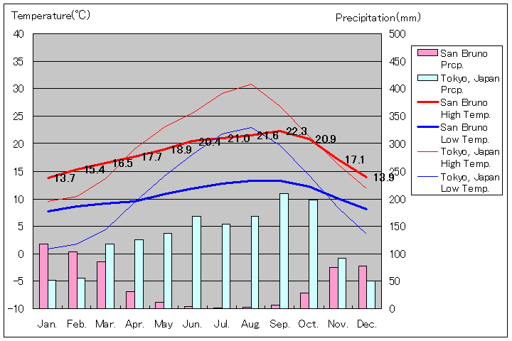 サンブルーノ気温、一年を通した月別気温グラフ