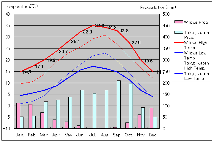 ウィローズ気温、一年を通した月別気温グラフ