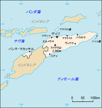 主要都市の場所が判る東ティモール地図、日本語表記