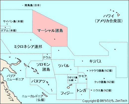 マーシャル諸島と周辺国の地図