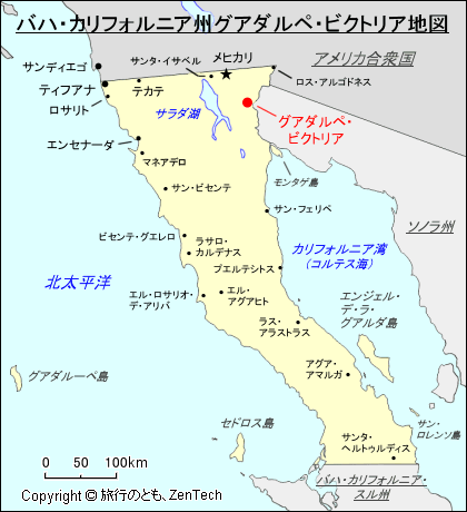 バハ・カリフォルニア州グアダルペ・ビクトリア地図