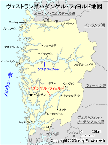 ヴェストラン県ハダンゲル・フィヨルド地図