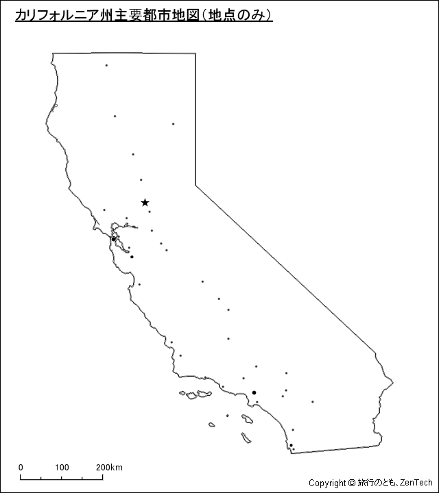 カリフォルニア州主要都市地図（地点のみ）