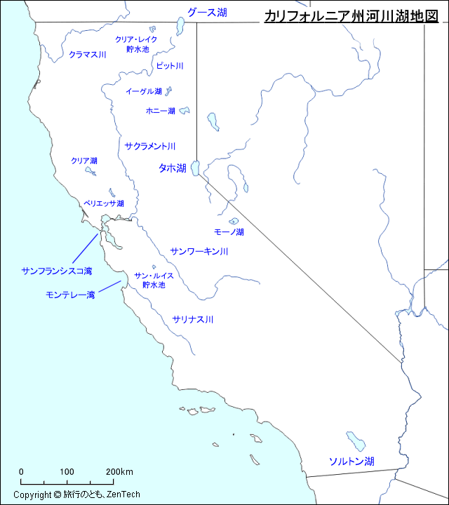 カリフォルニア州河川湖地図