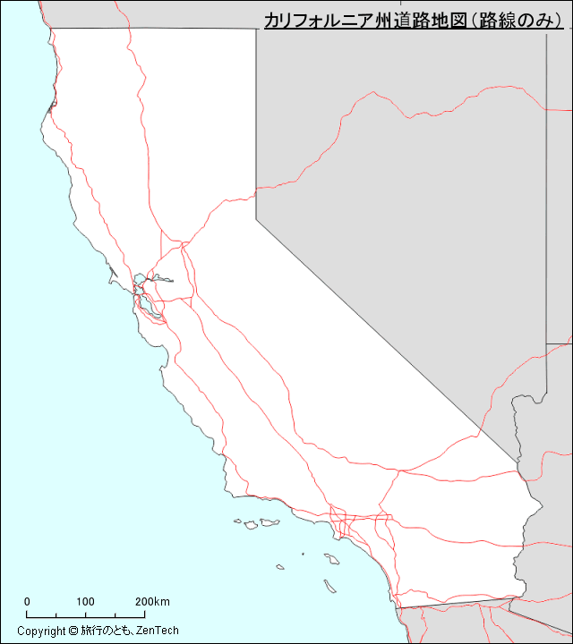 カリフォルニア州道路地図（路線のみ）