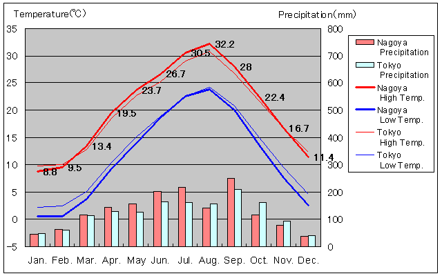 Nagoya und Tokio Temperatur Graph