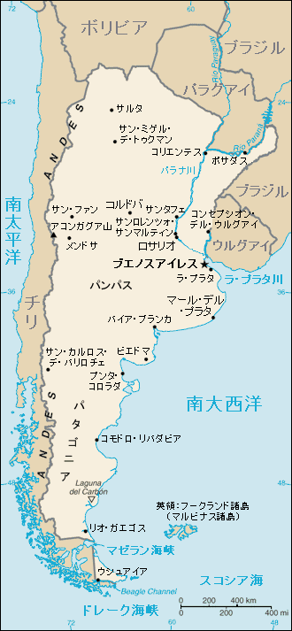 主要都市の場所が判るアルゼンチン地図