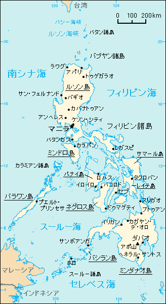 フィリピンの主要都市と島が記されたフィリピン地図
