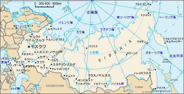 主要都市の記されたロシア地図