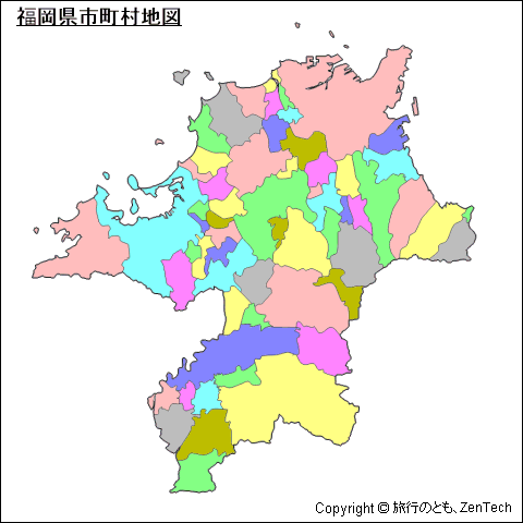 色付き福岡県 市町村地図（中サイズ）