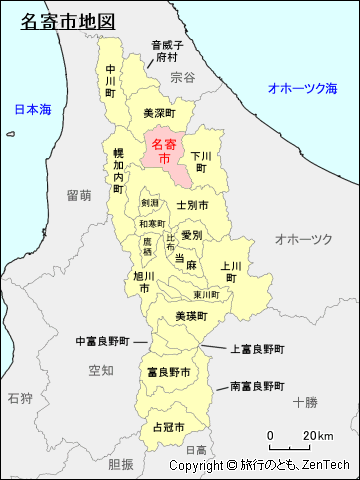 上川総合振興局名寄市地図