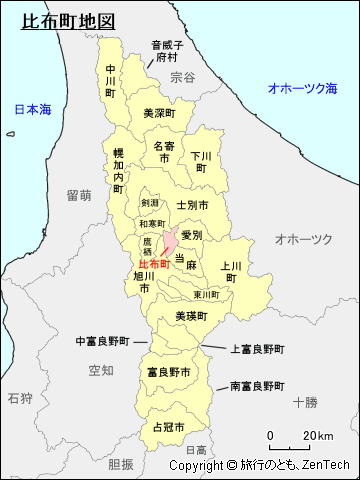上川総合振興局比布町地図