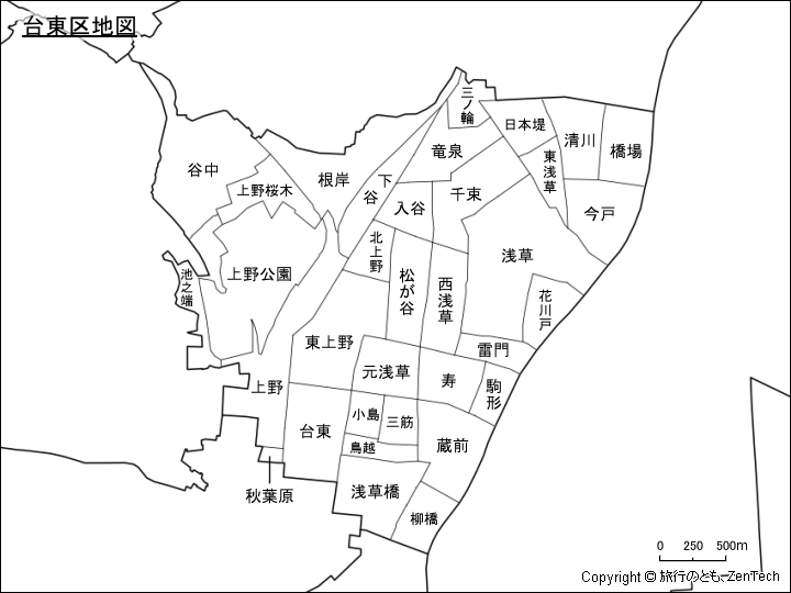 台東区地図、区内の町区分