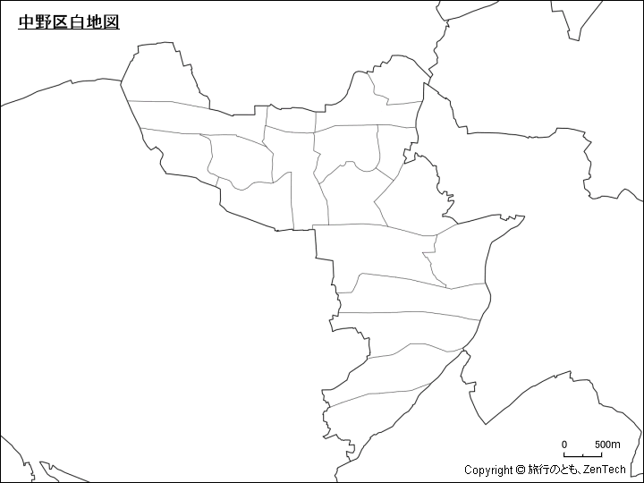 中野区白地図、区内の町区分