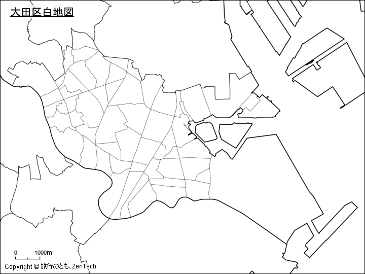 大田区白地図、区内の町区分