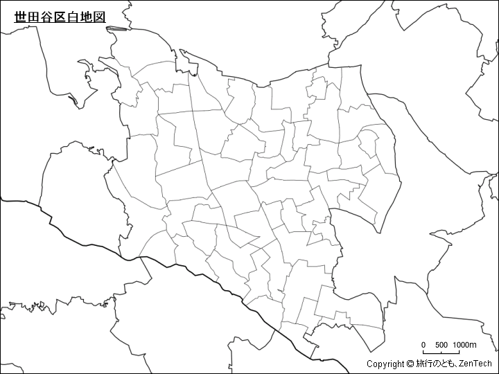 世田谷区白地図、区内の町区分