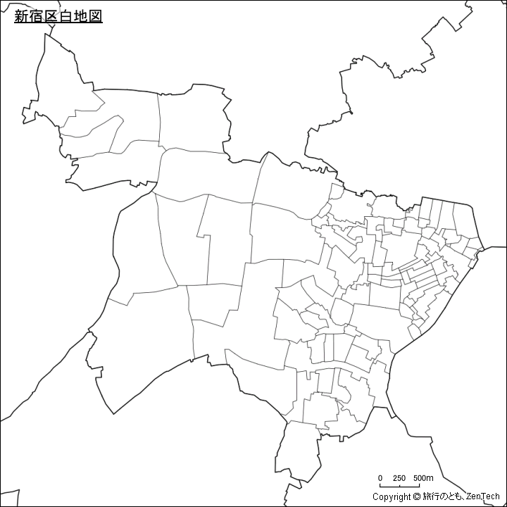 新宿区白地図、区内の町区分