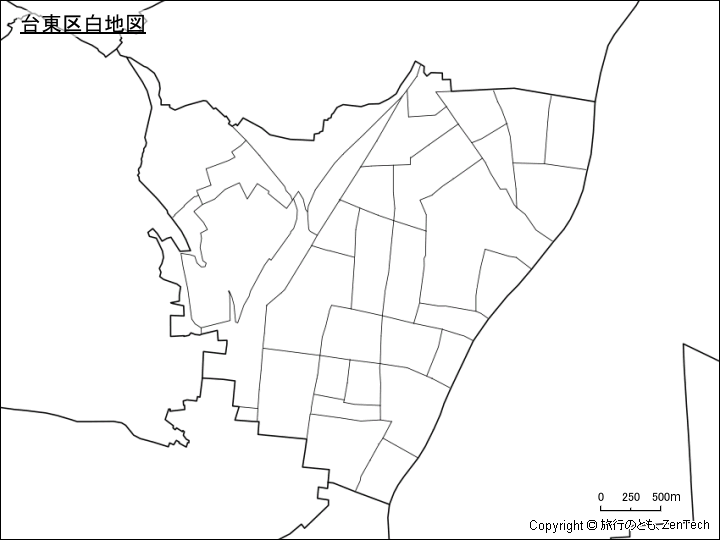 台東区白地図、区内の町区分