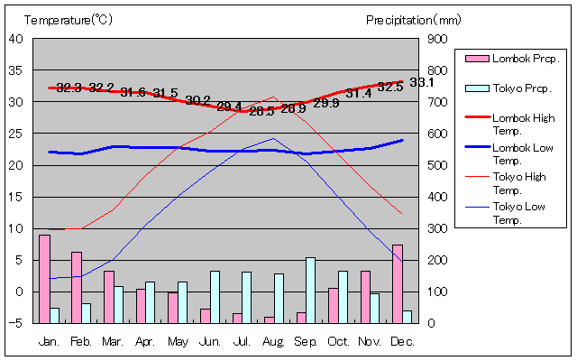 ロンボク島気温、一年を通した月別気温グラフ