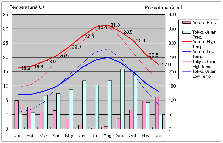 アンナバ気温、一年を通した月別気温グラフ