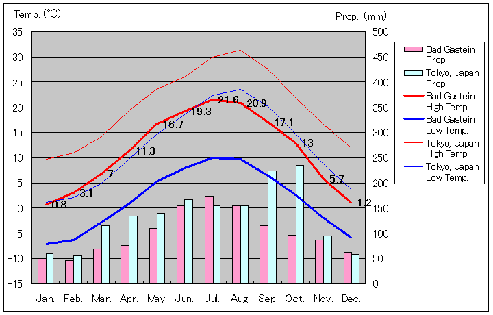 バート・ガスタイン気温、一年を通した月別気温グラフ