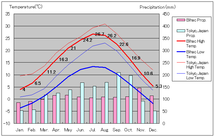 ビハチ気温、一年を通した月別気温グラフ