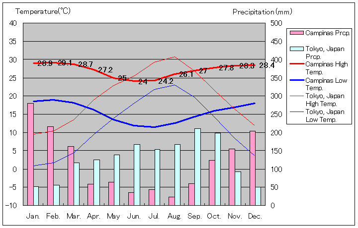 カンピーナス気温、一年を通した月別気温グラフ