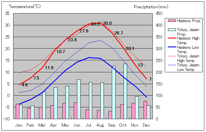 ハスコヴォ気温、一年を通した月別気温グラフ