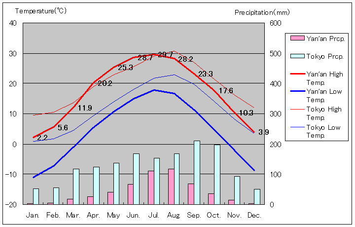 延安気温、一年を通した月別気温グラフ