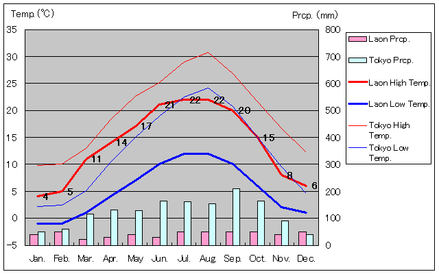 ラン気温、一年を通した月別気温グラフ