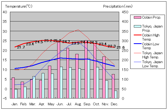 コバン気温、一年を通した月別気温グラフ