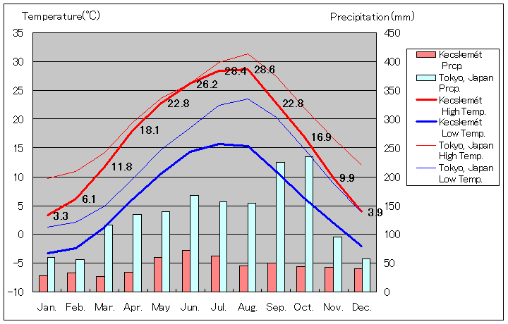 ケチケメート気温、一年を通した月別気温グラフ