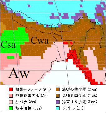 インド東部の気候区分地図 インド東部の気候区分地図