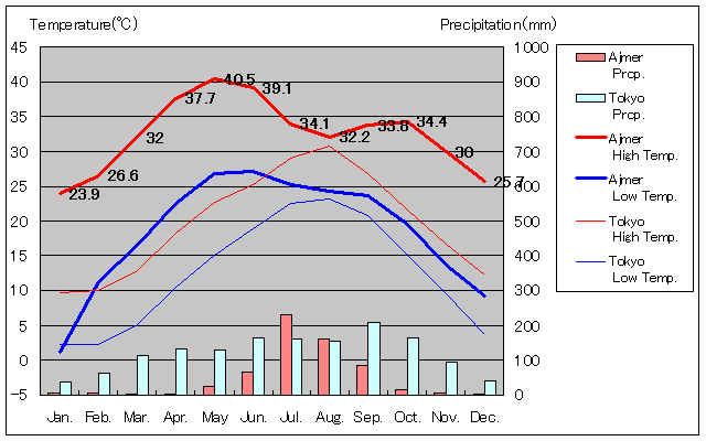 アジメール気温、一年を通した月別気温グラフ
