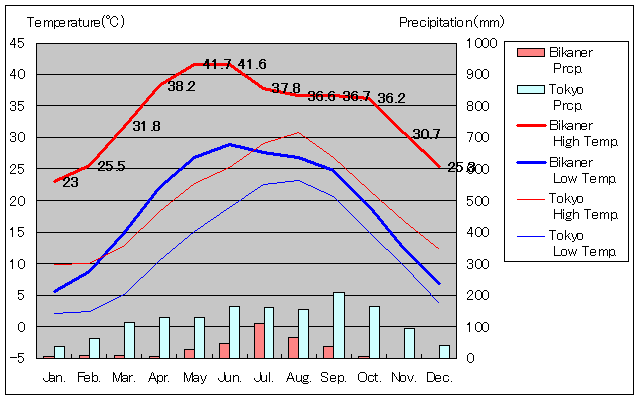 ビーカーネール気温、一年を通した月別気温グラフ