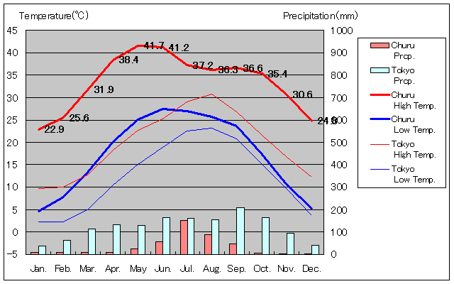 チュルー気温、一年を通した月別気温グラフ