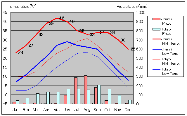 ジャンシー気温、一年を通した月別気温グラフ