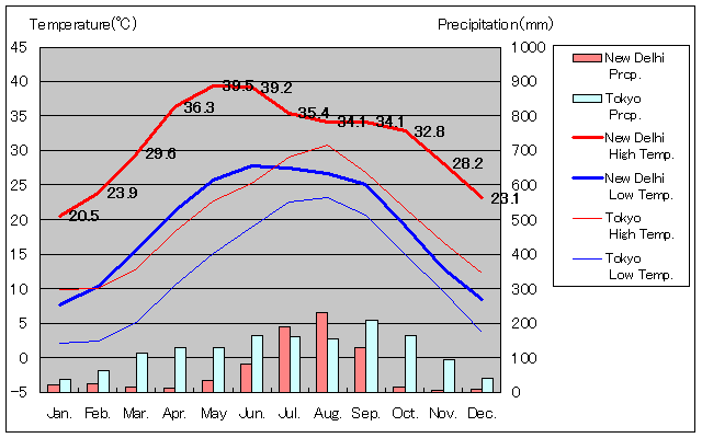ニューデリー気温、一年を通した月別気温グラフ