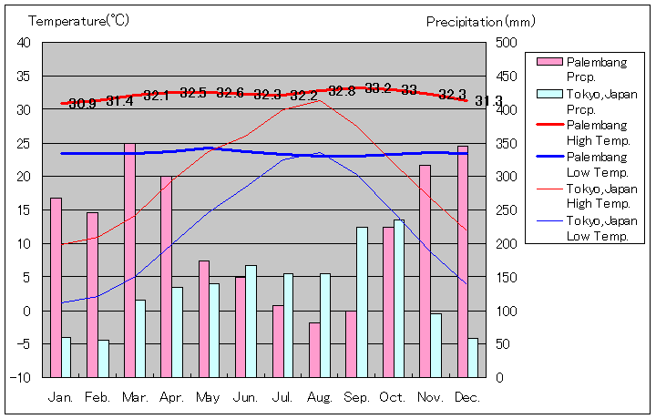 パレンバン気温、一年を通した月別気温グラフ